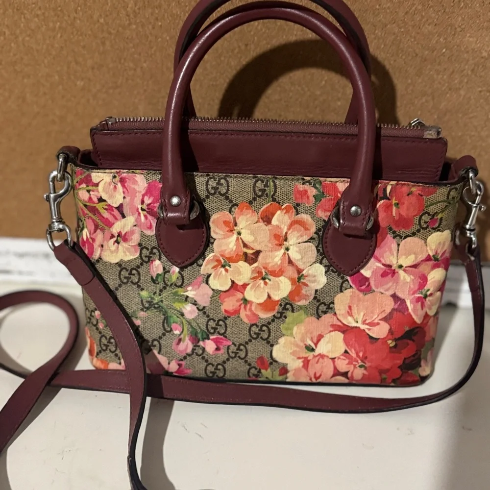 Gucci Floral Canvas and Burgundy Leather Satchel 2 way pink in bloom small - Picture 14 of 16